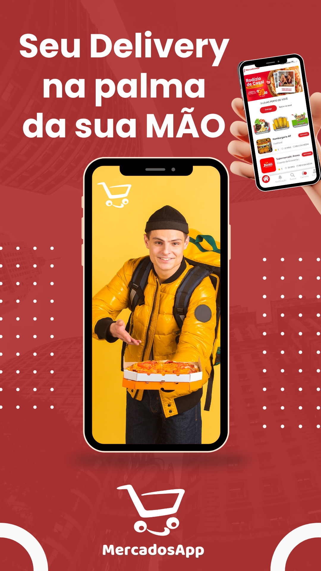 Delivery na palma da mão — arte do app MercadosApp