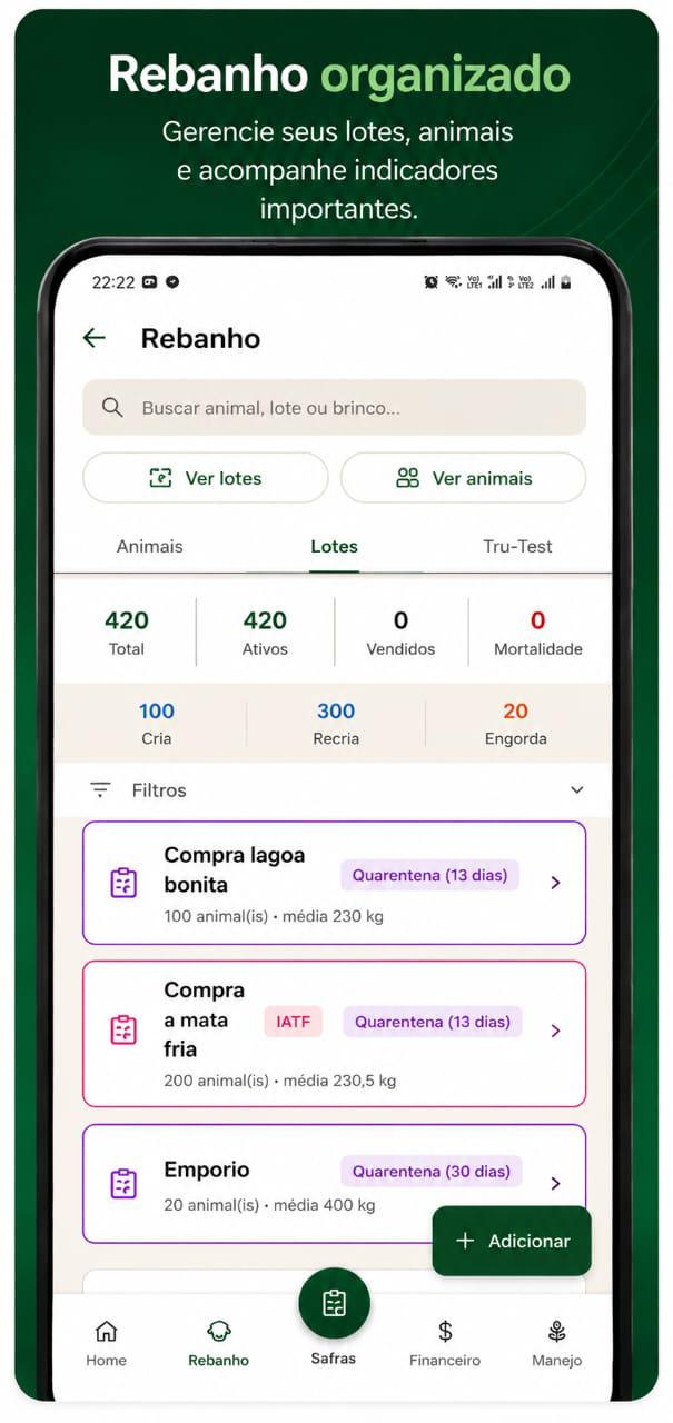 Rebanho organizado — app Gestão Pecuária 360